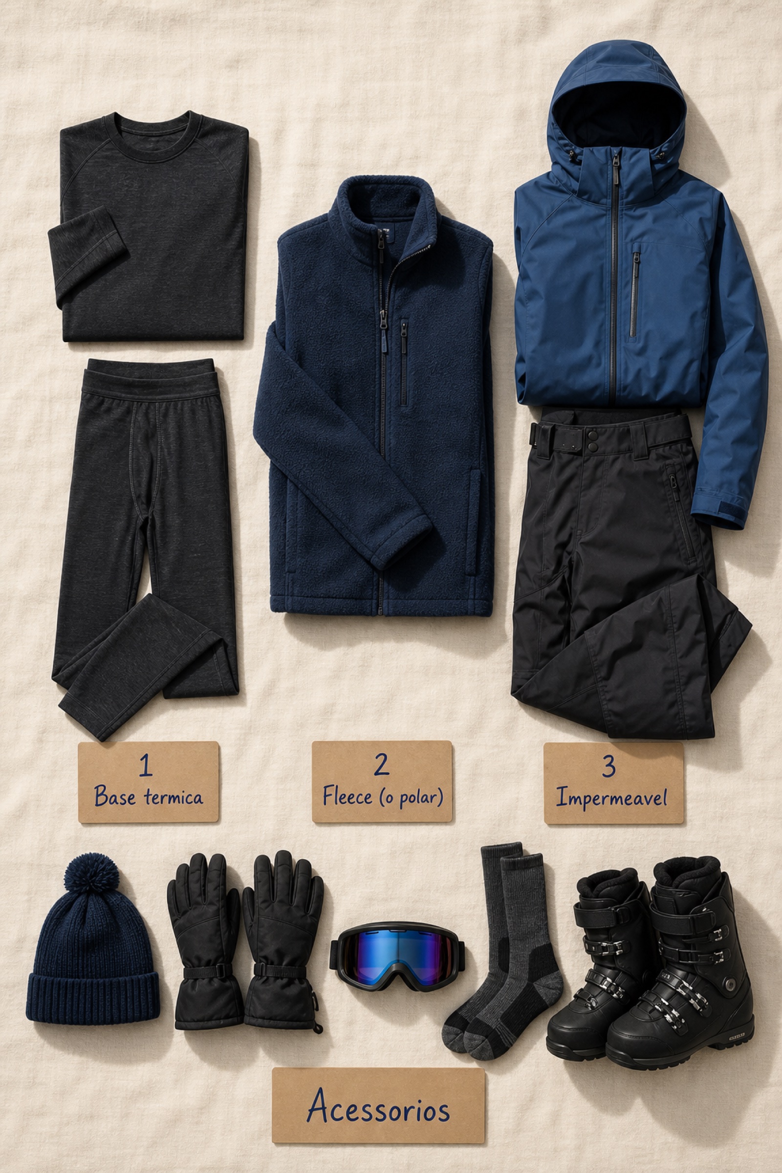 Flat-lay com as três camadas de roupa numeradas: base térmica, fleece e impermeável, mais gorro, luva, óculos, meia e bota.