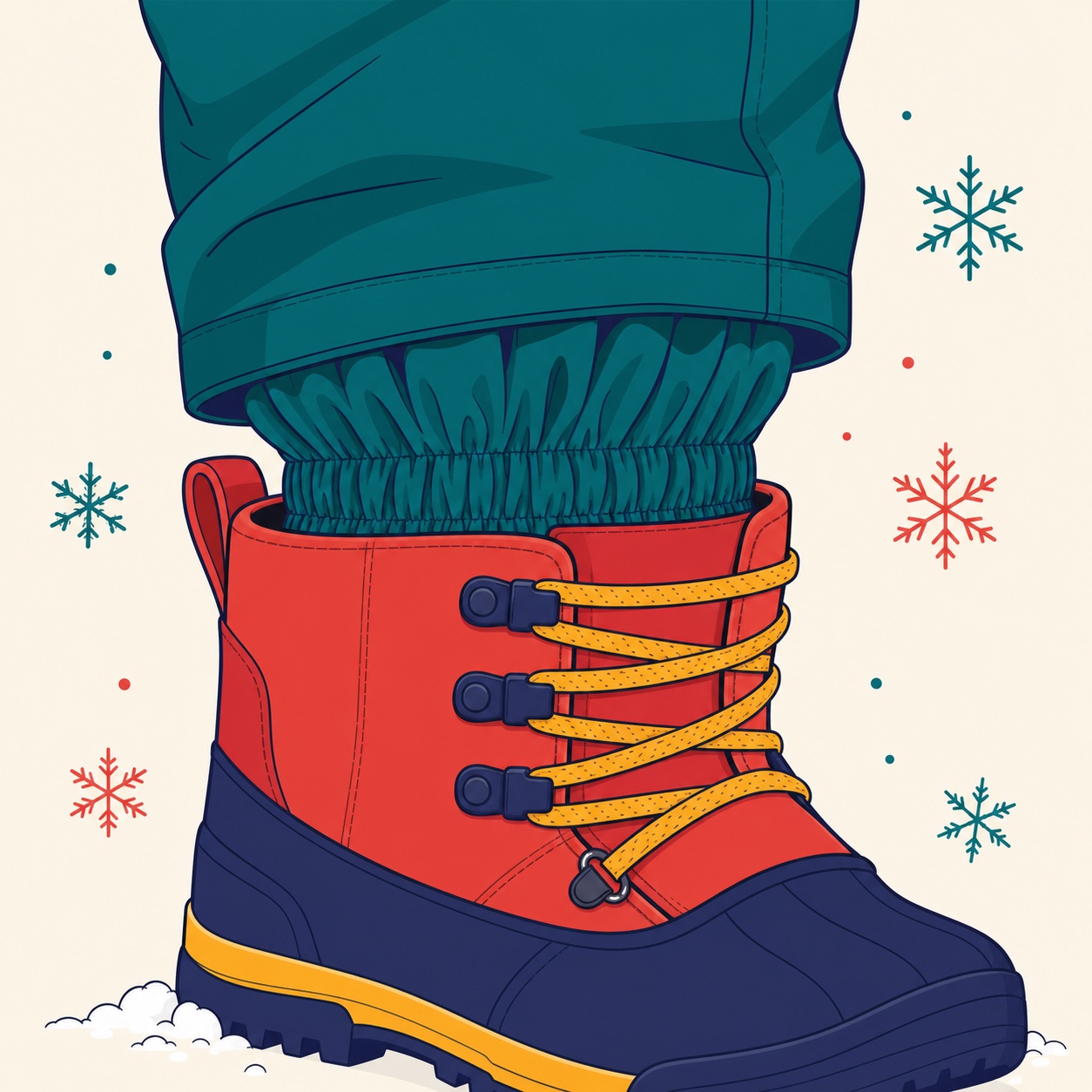 Ilustração da barrinha elástica atrapa-nieve fechando a barra da calça de neve em volta da bota, impedindo a neve de entrar.