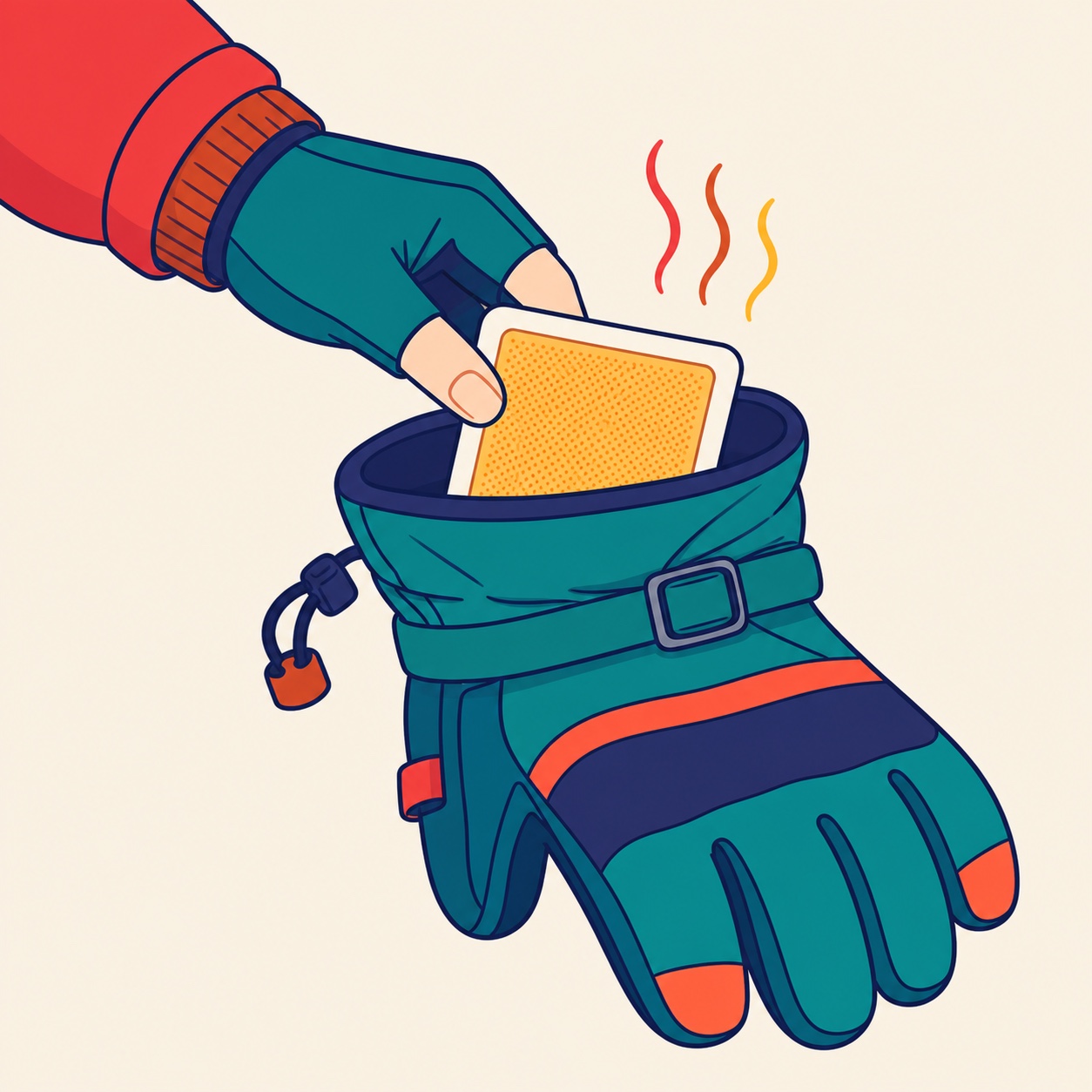 Ilustração de um sachê térmico sendo colocado dentro da luva de neve para aquecer a mão.