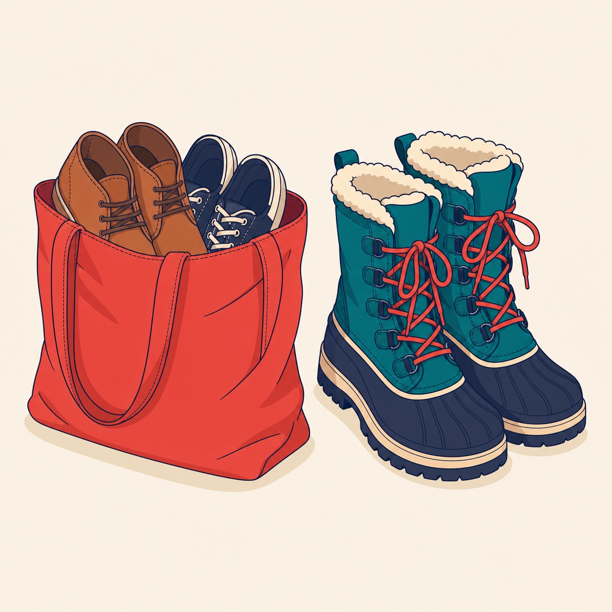 Ilustração da sacola do We Love Rental guardando as botas de cidade enquanto a pessoa calça as botas de neve.