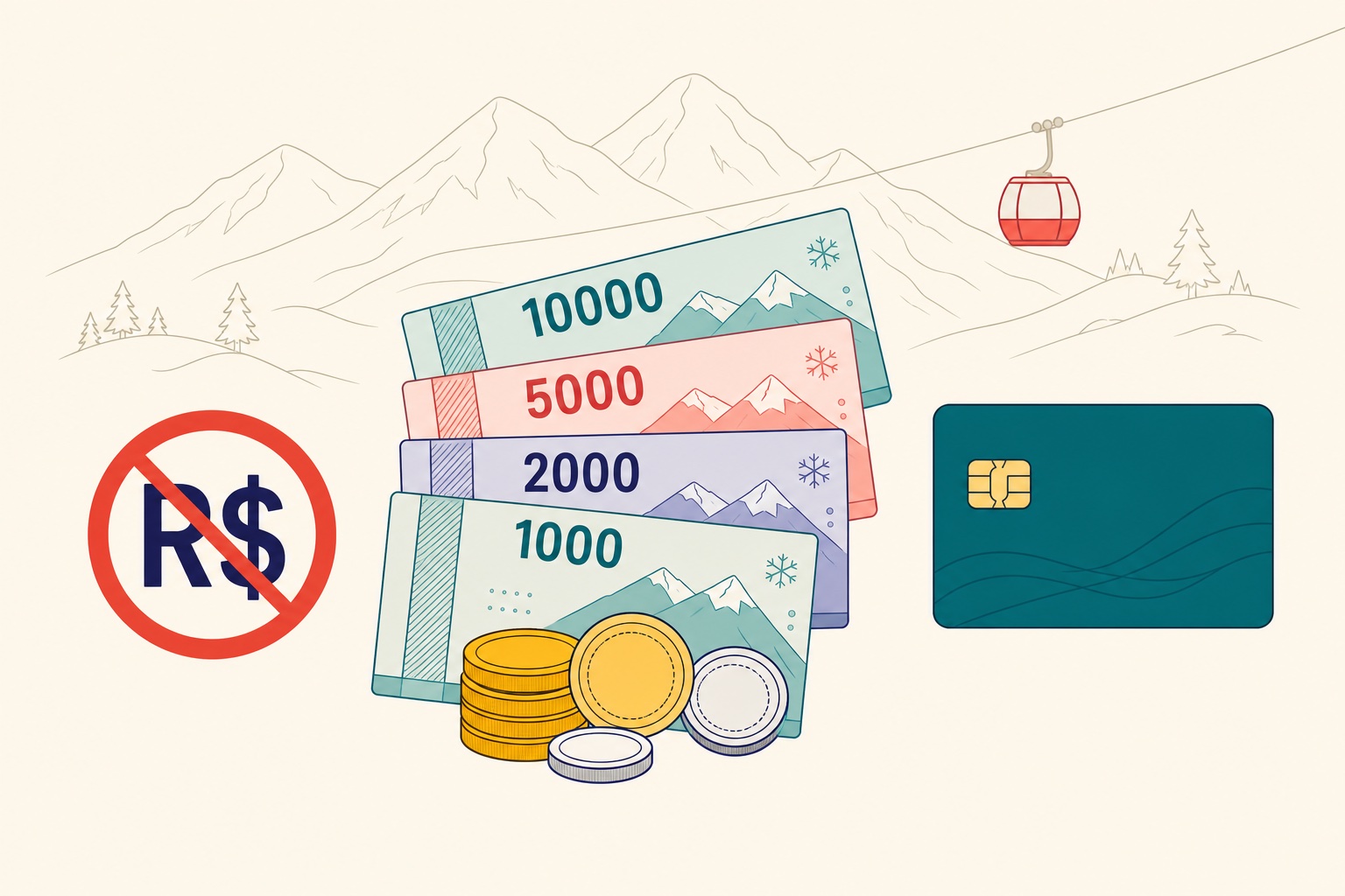 Ilustração com notas e moedas de peso chileno, um cartão e um celular, e o símbolo do real barrado, indicando que real não é aceito na montanha.