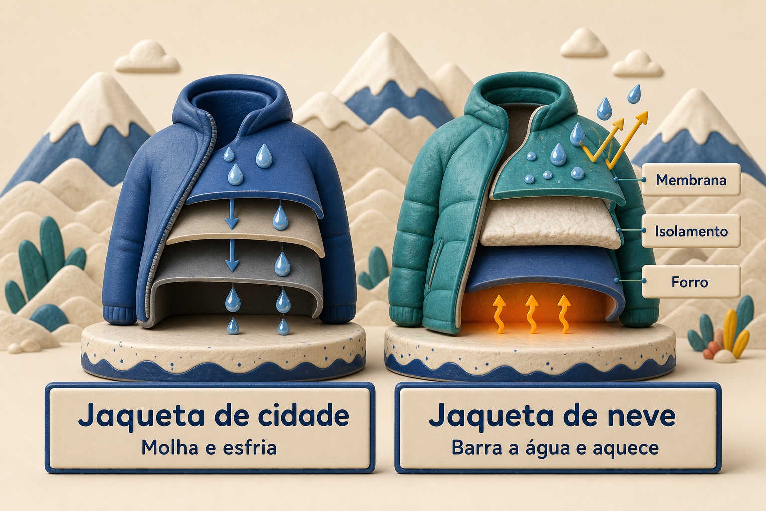 Corte comparativo do interior do tecido de duas jaquetas: a casual de cidade, com forro simples e sem barreira, e a impermeável de neve, com membrana à prova d'água, isolamento sintético e forro que reflete o calor.