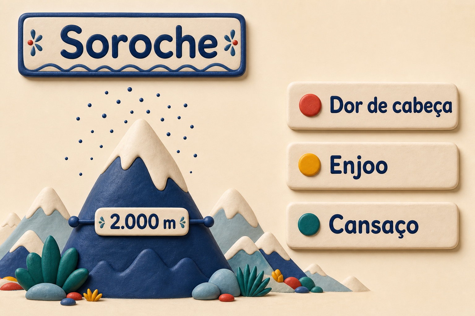 Infográfico do soroche: a partir de 2.000 metros o ar tem menos oxigênio e o corpo responde com dor de cabeça, tontura, enjoo, cansaço e falta de ar.