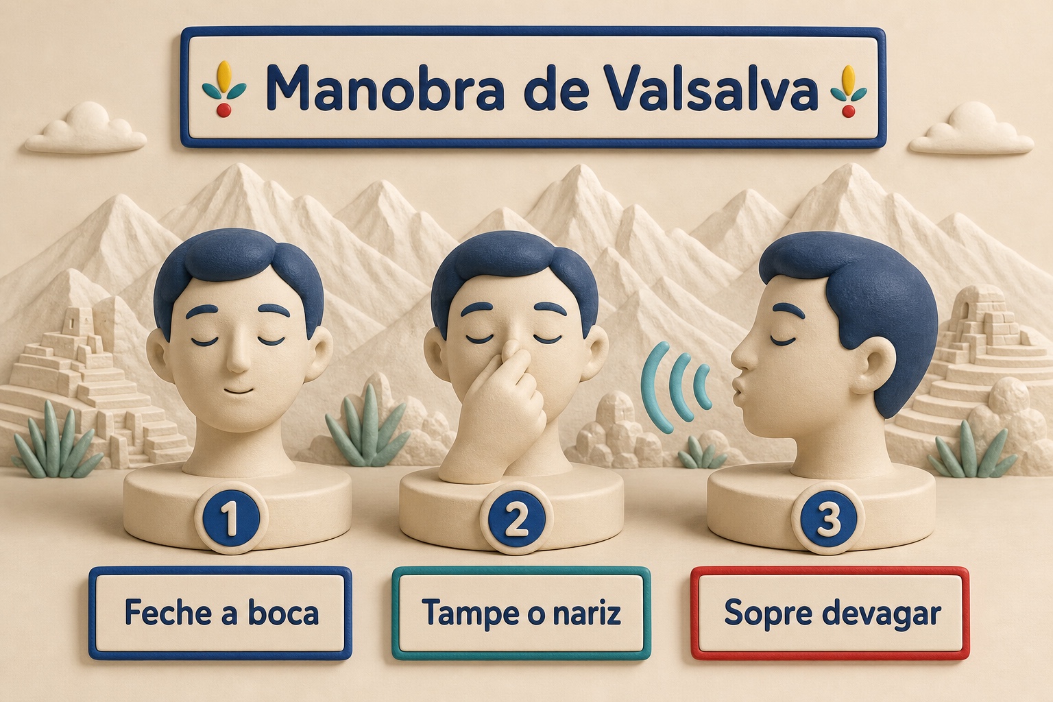 Infográfico da manobra de Valsalva em três passos: fechar a boca, tampar o nariz e assoprar devagarzinho até o ouvido estalar.