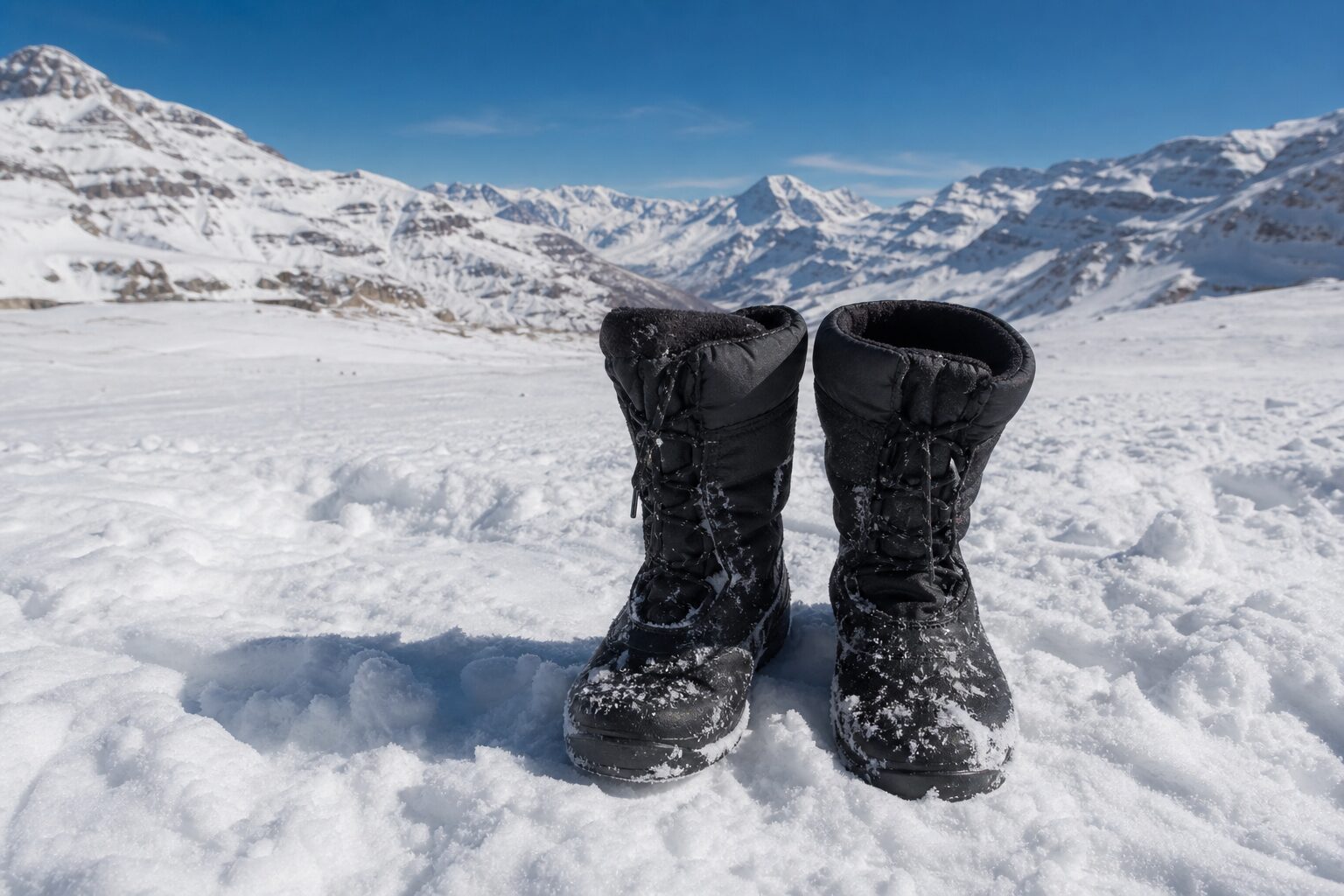 Bota impermeável pisando na neve fofa.
