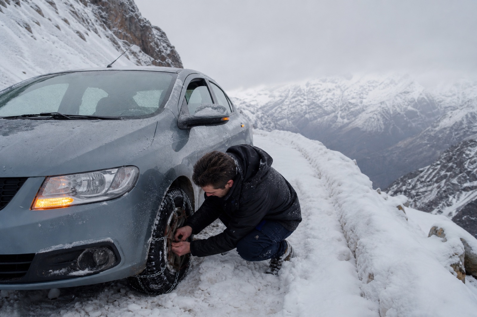 Carro alugado preso na neve na beira da G-21, com o motorista tentando instalar a corrente no frio.