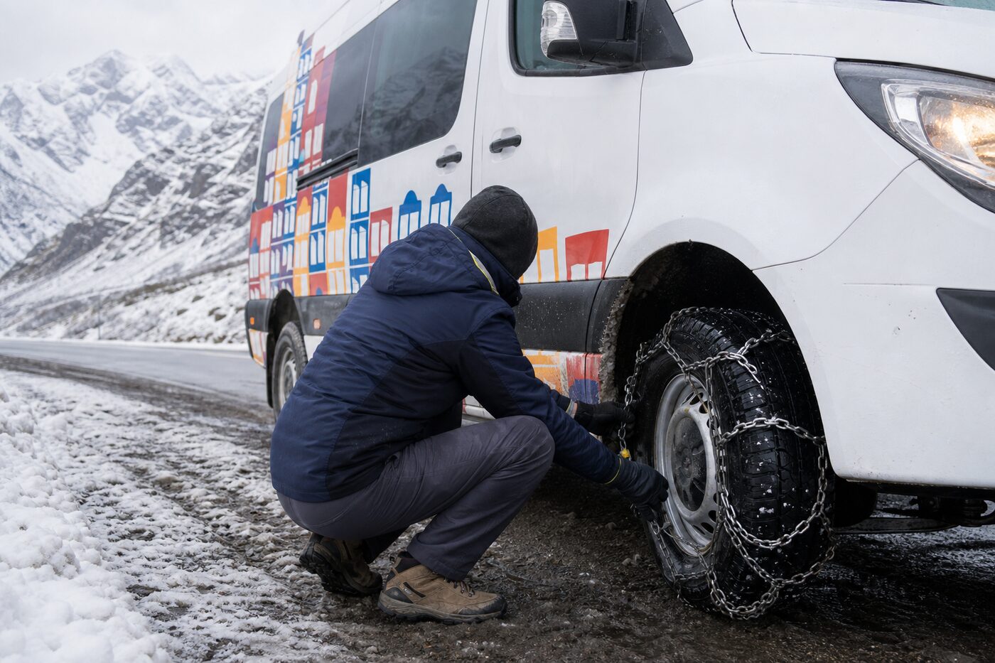 Correntes de neve sendo instaladas no pneu de uma van na estrada da G-21.