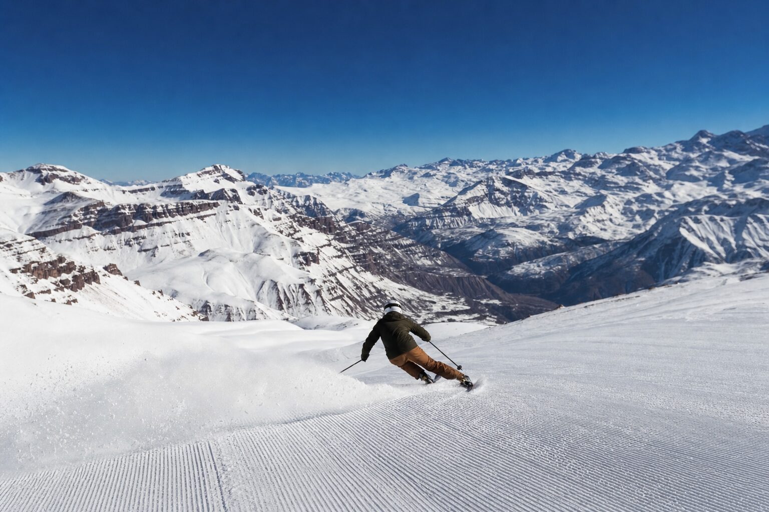 Esquiadores de capacete descendo uma pista do Valle Nevado.