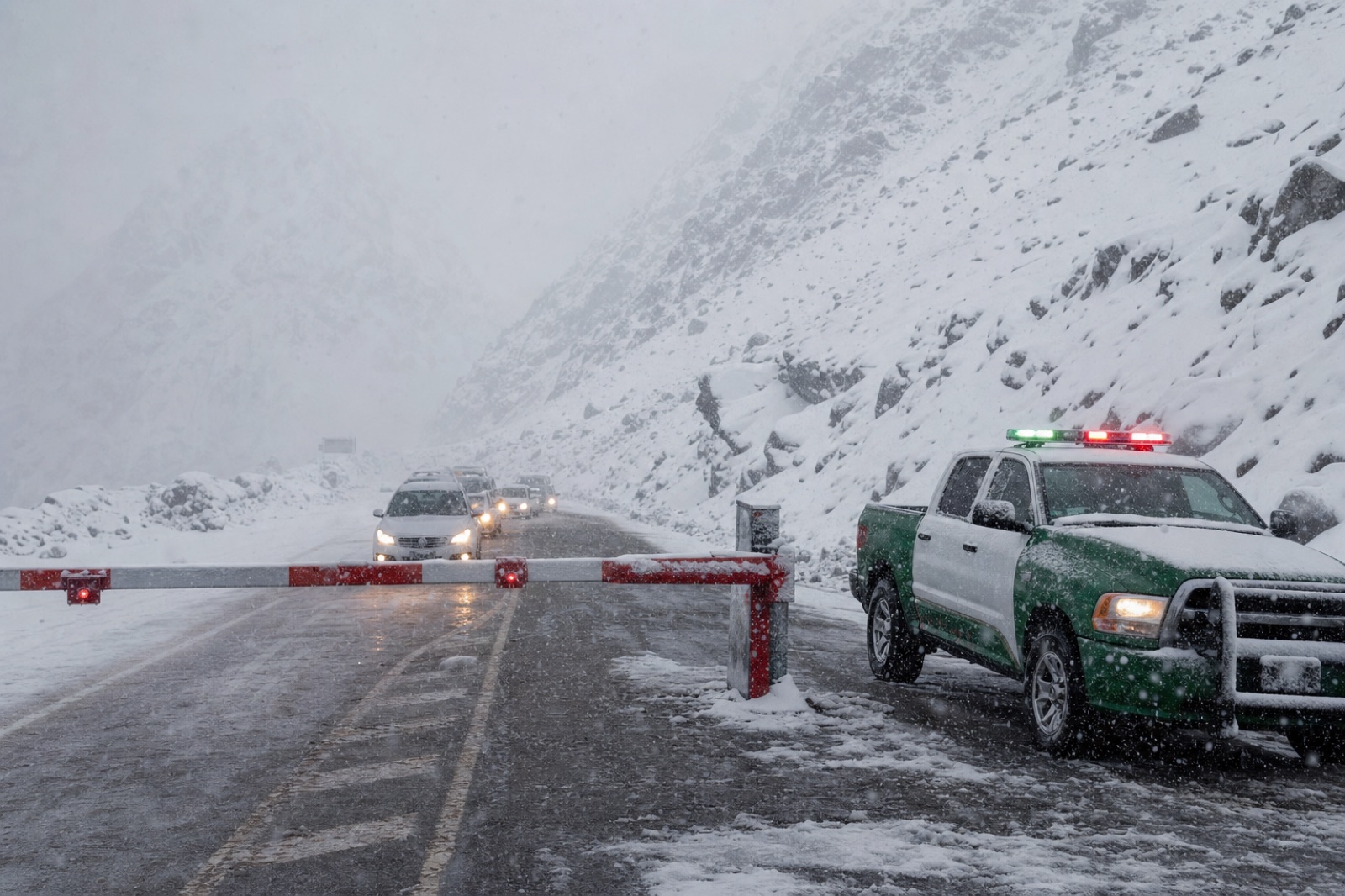 Barreira dos Carabineros fechando a estrada da montanha durante uma nevasca forte.