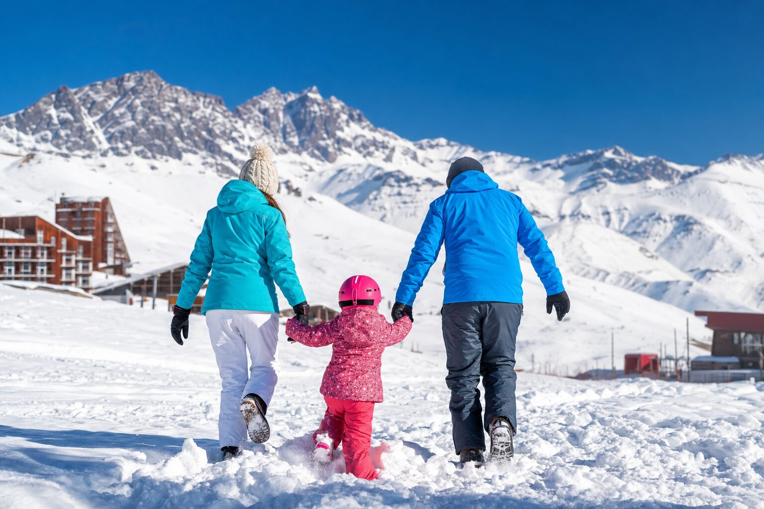 Família com criança pequena aproveitando a neve num dia de sol.