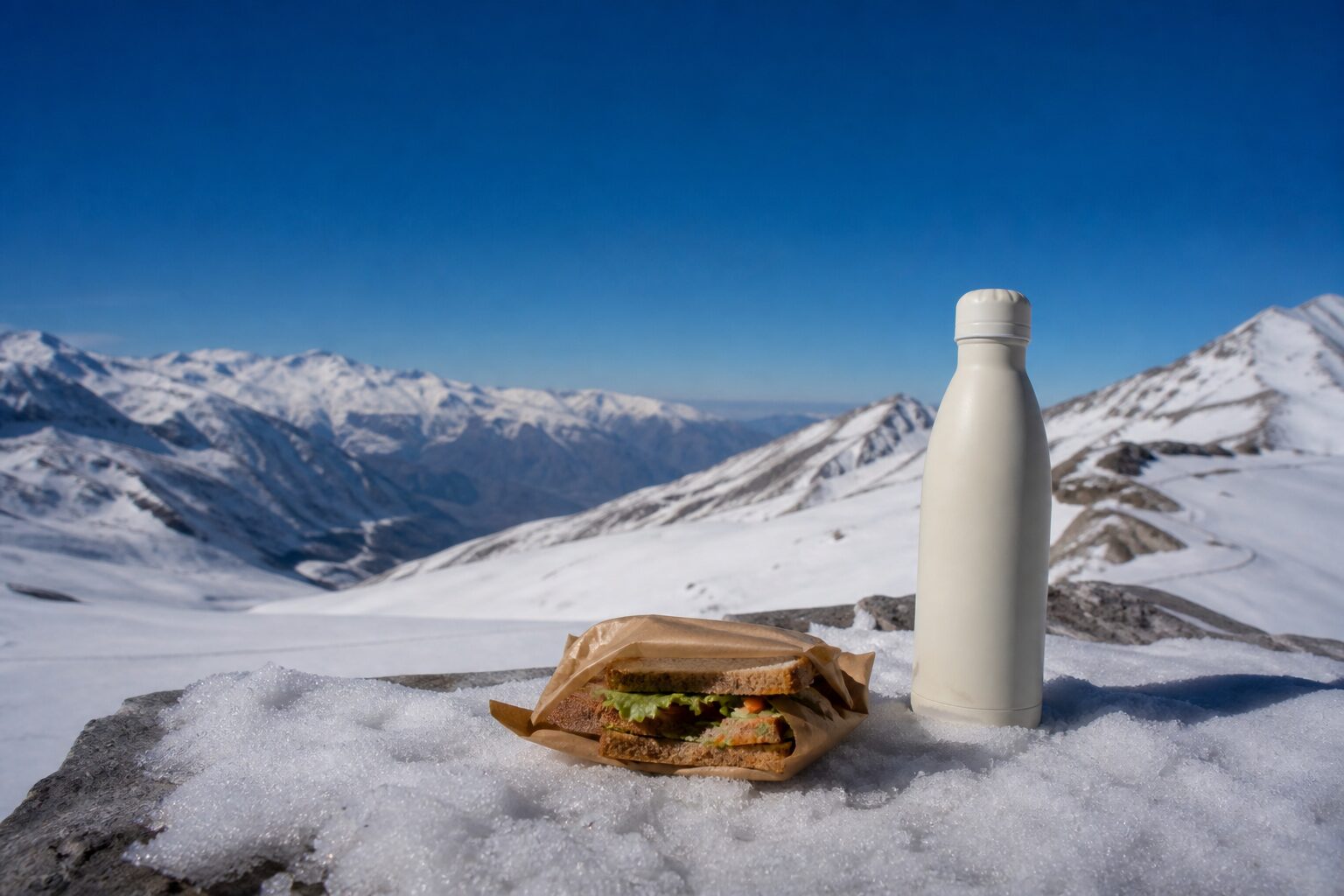 Viajantes comendo o próprio lanche num mirante com vista para a cordilheira.