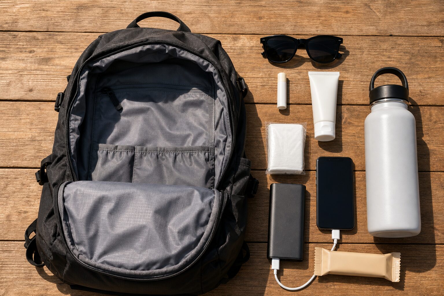 Mochila do dia aberta com óculos, protetor solar, lenço, carregador portátil e garrafa de água.