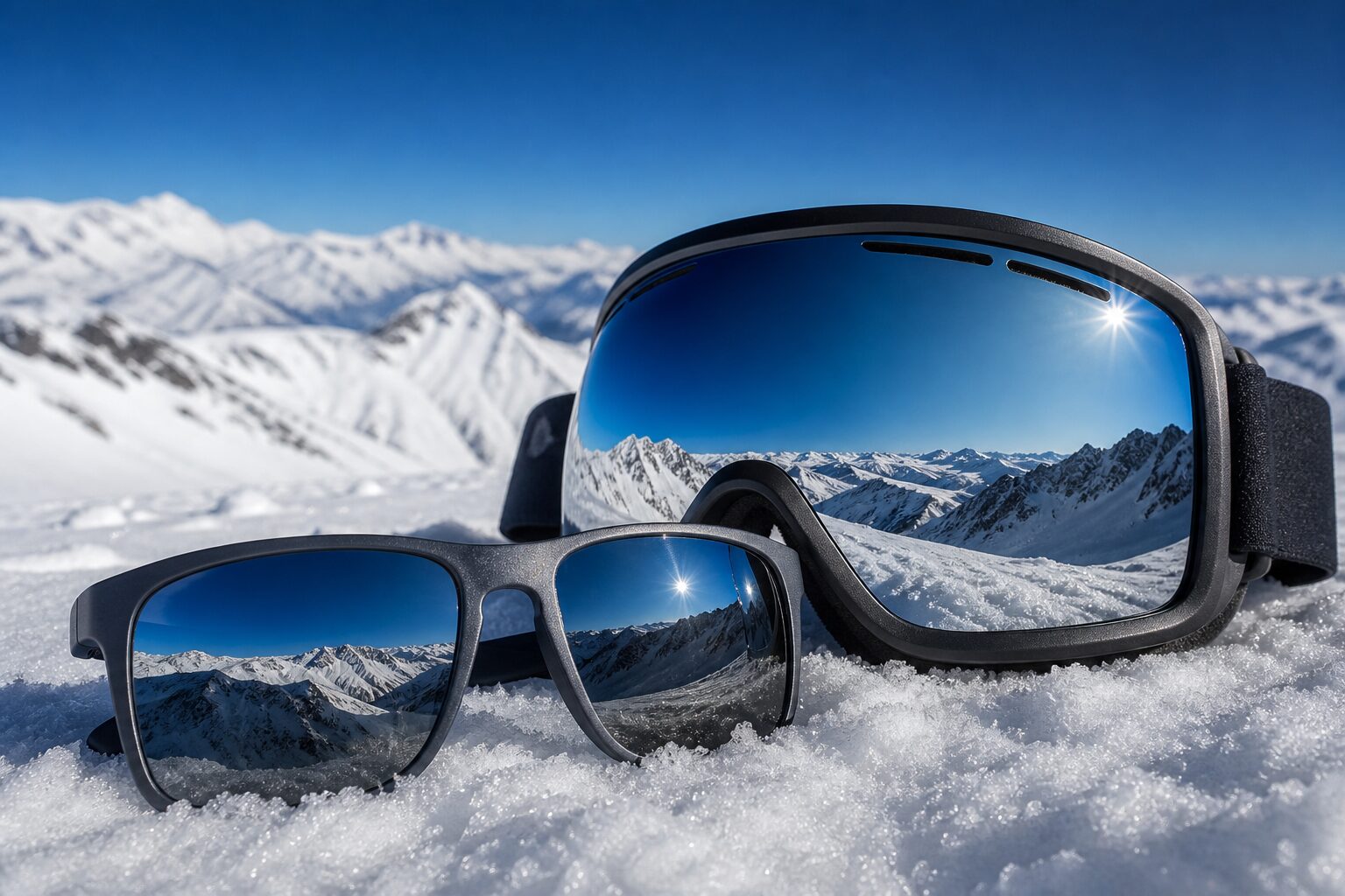 Óculos escuros e goggles de neve alinhados sobre a roupa impermeável.