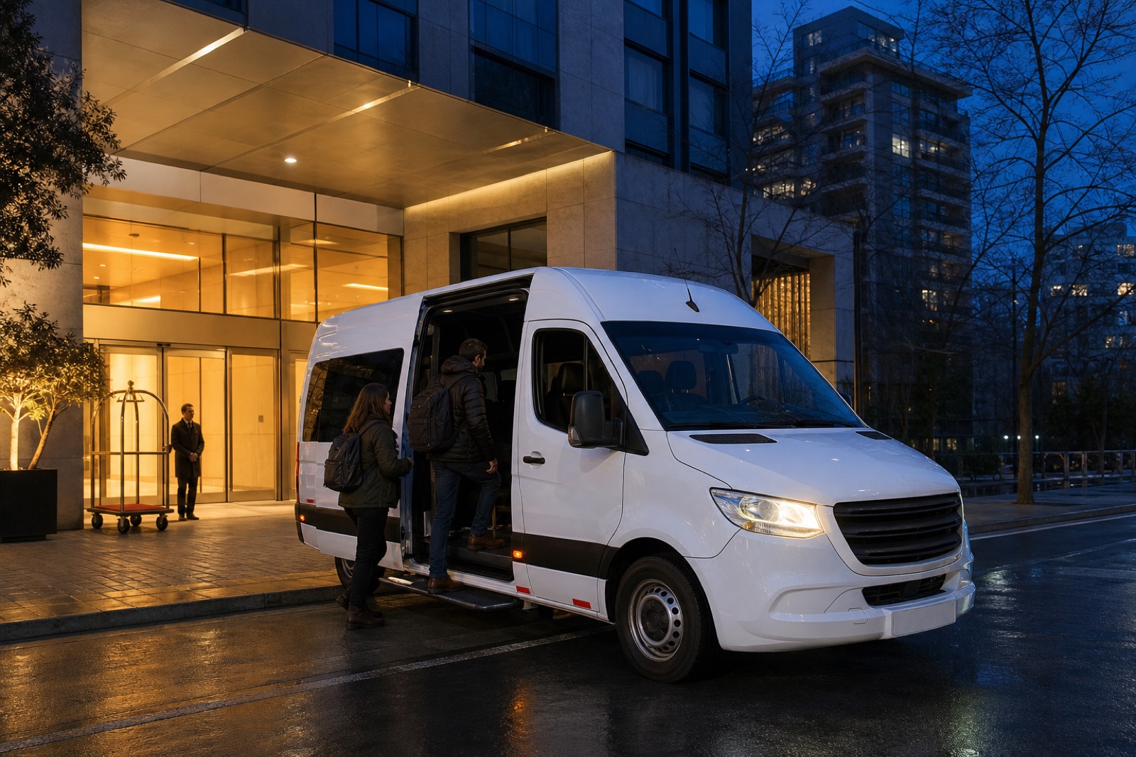 Van buscando viajantes na porta do hotel em Santiago, ainda de madrugada.