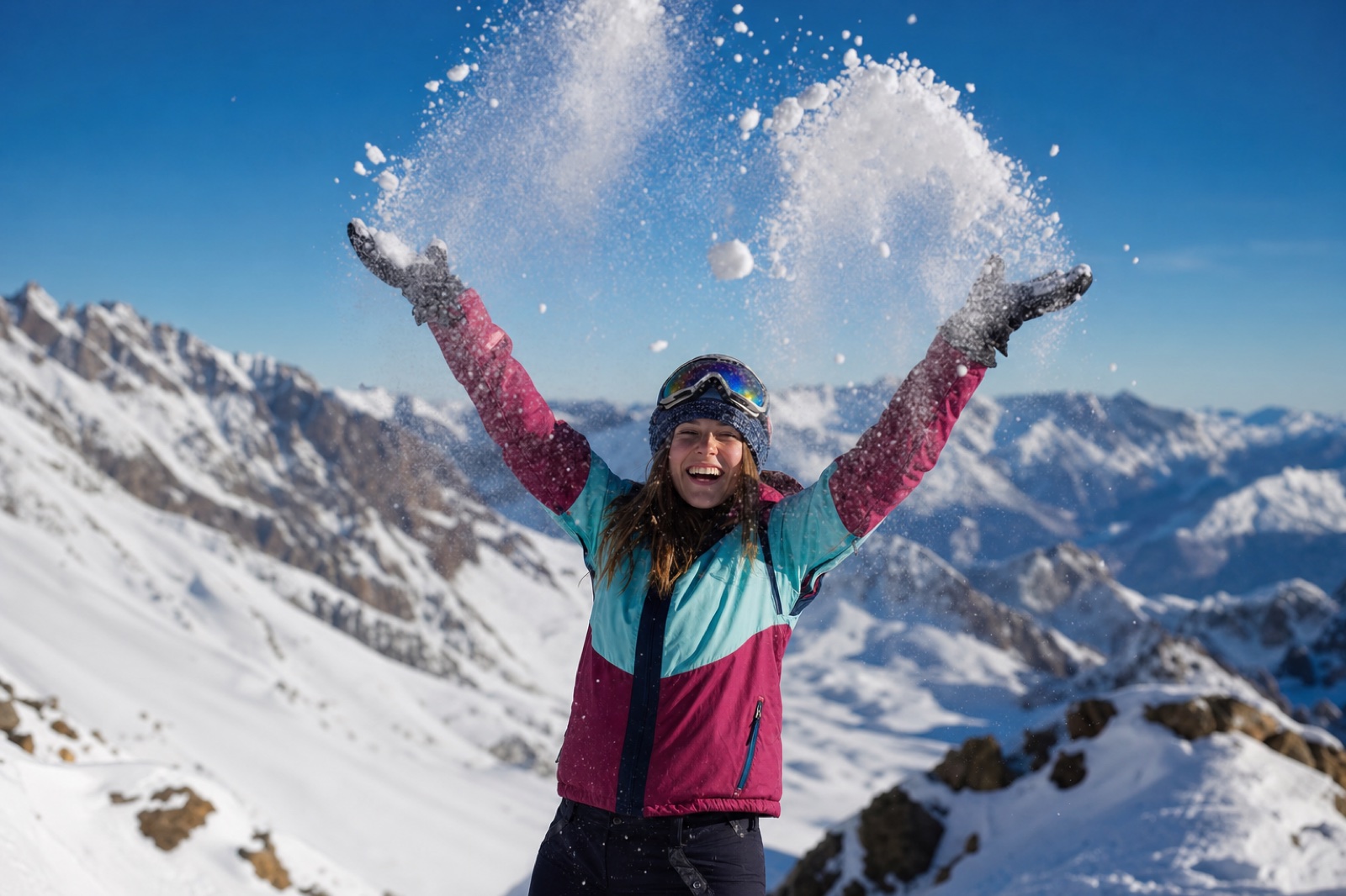 Mulher jogando neve solta para o alto com o sol atrás.