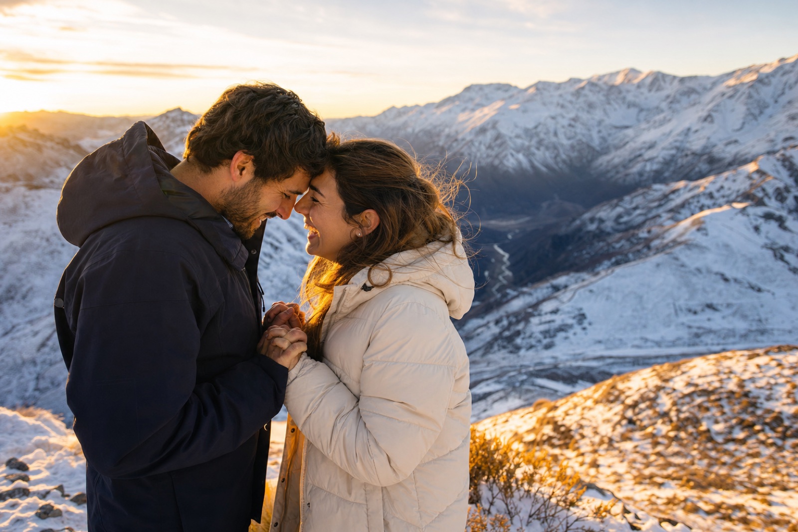 Casal rindo testa com testa diante do vale nevado ao entardecer.