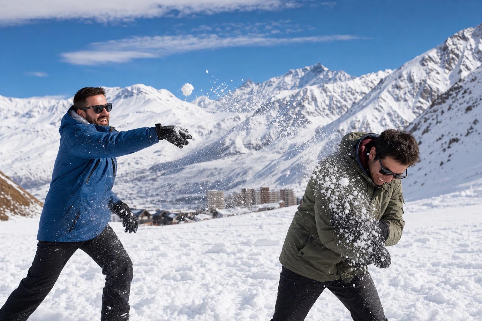 Amigos no meio de uma guerra de bolas de neve.