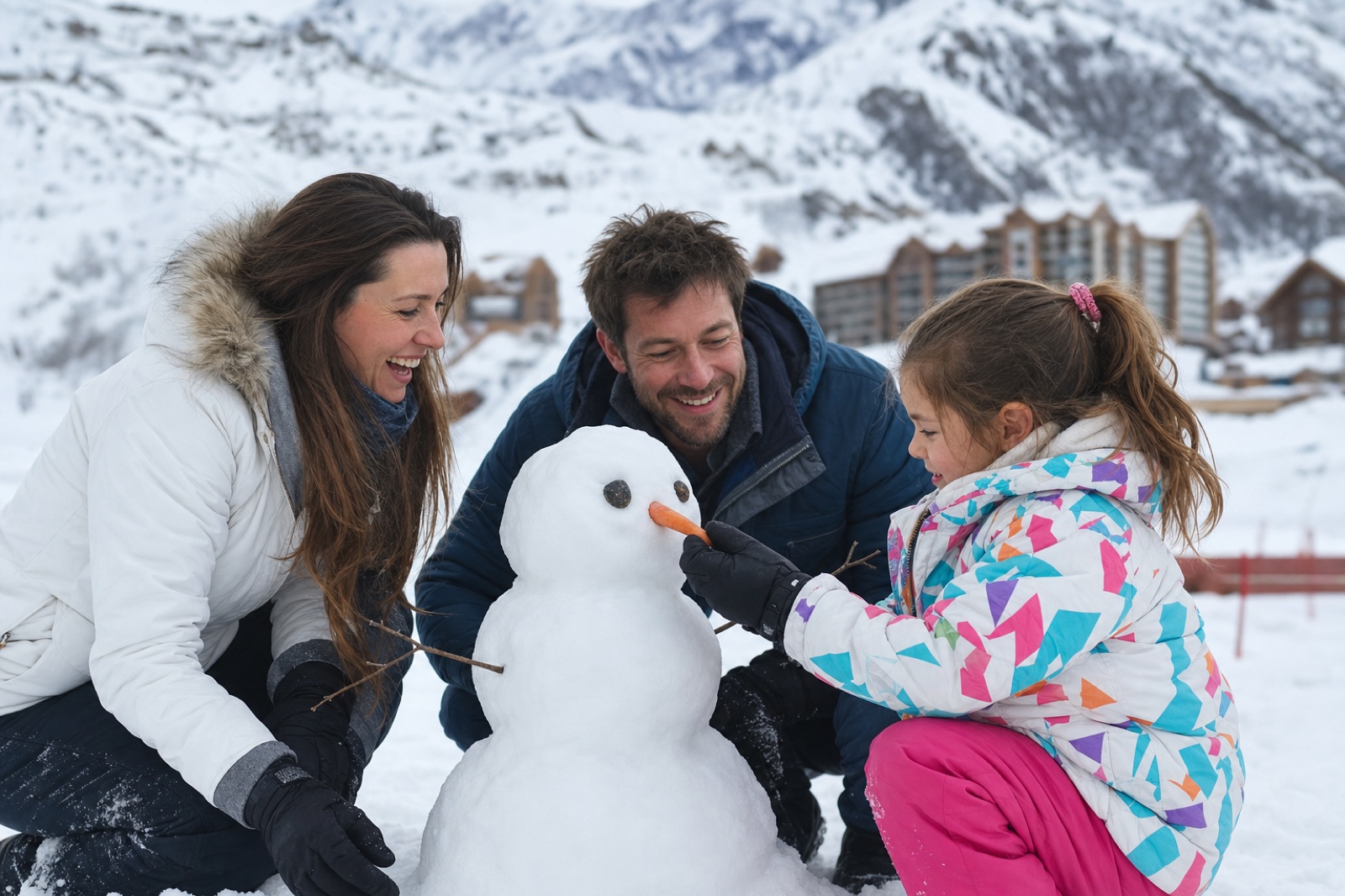 Família montando um boneco de neve pequeno.