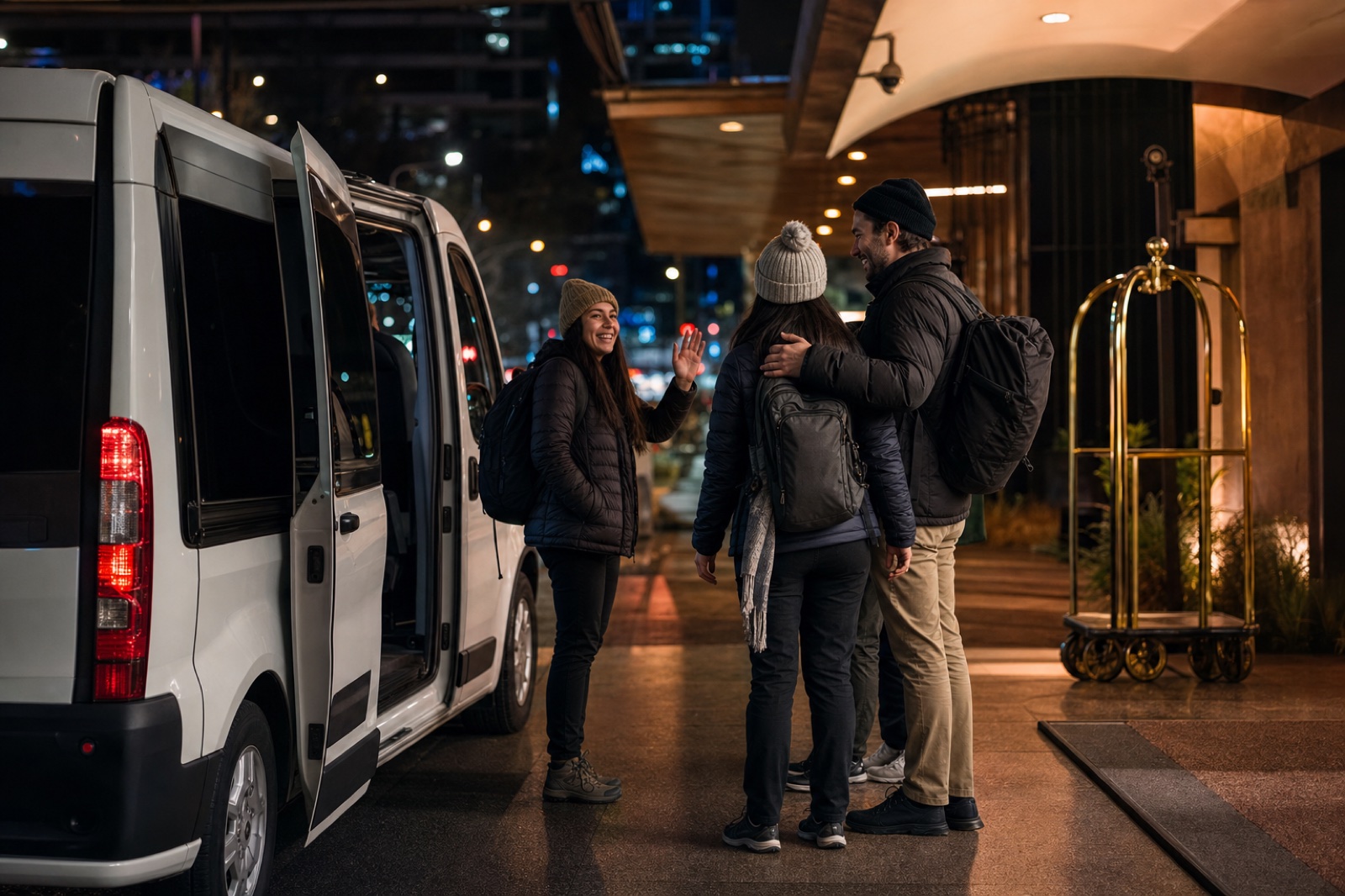 A van deixando os viajantes na porta do hotel em Santiago, já de noite.