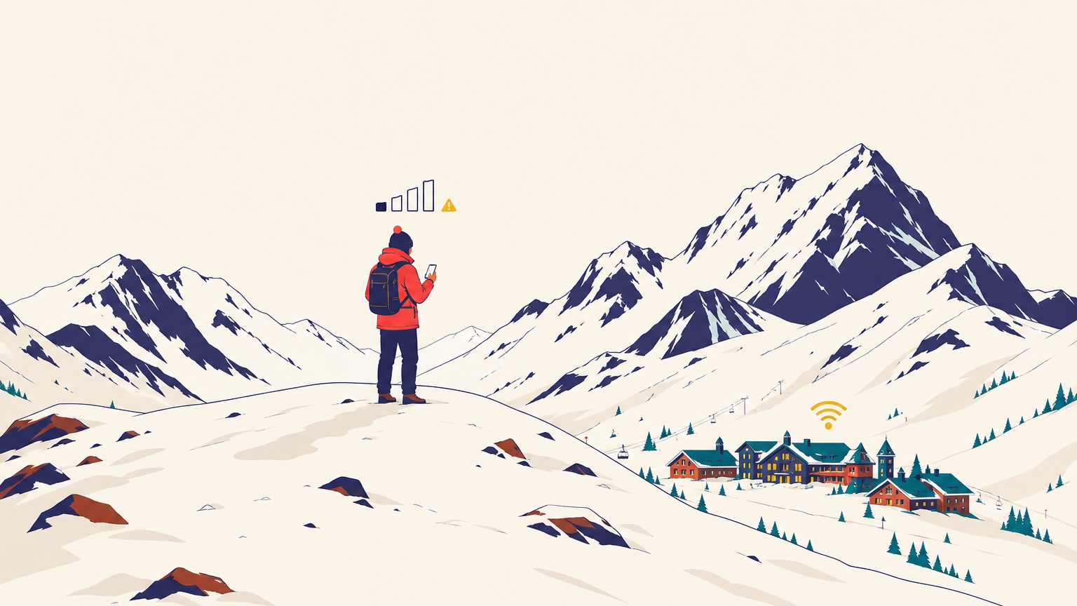 Viajante de casaco vermelho na neve olhando o celular sem sinal, com os hotéis do resort ao fundo, onde o wi-fi funciona.