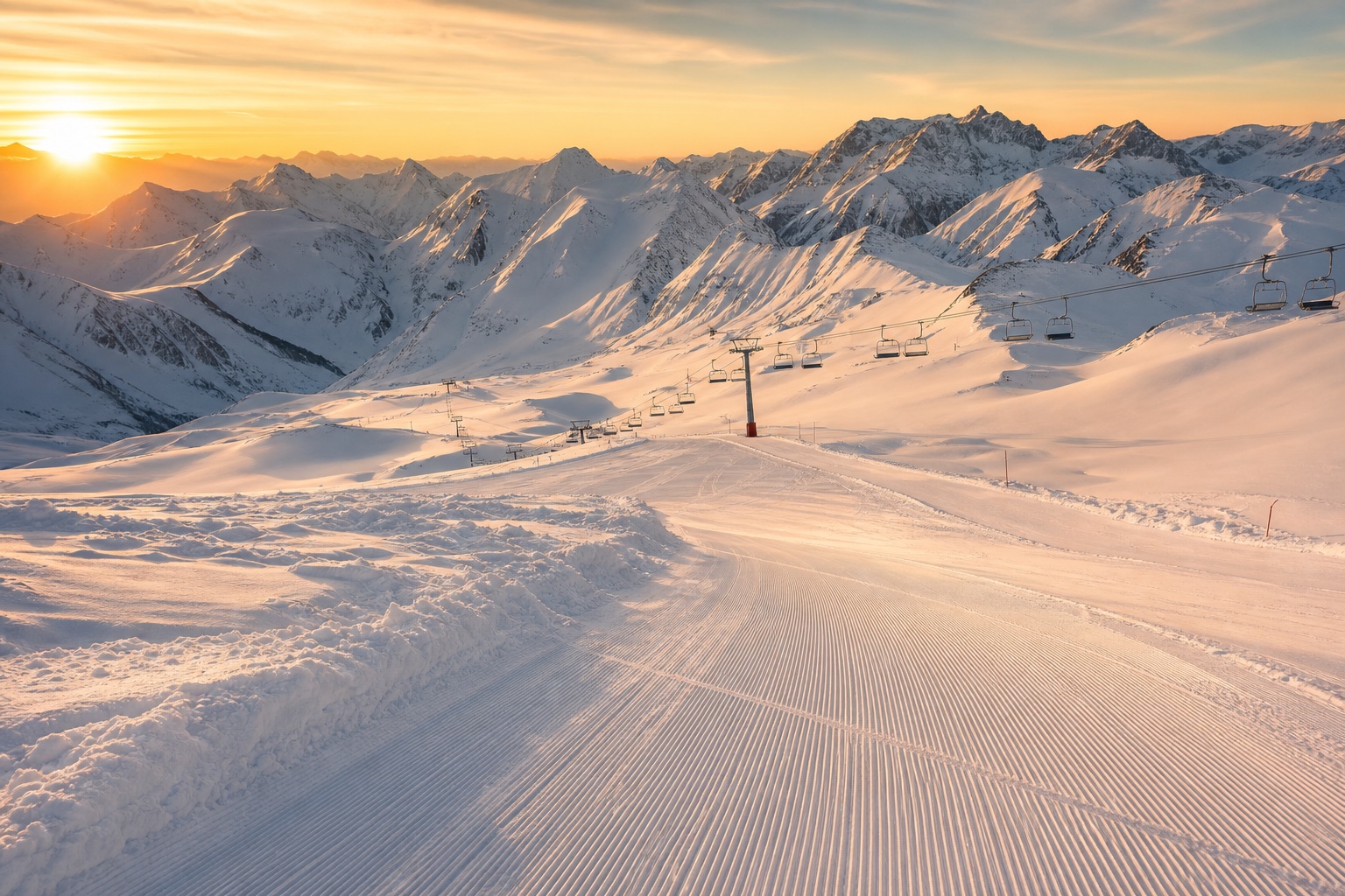 A mesma pista no pico da temporada, julho e agosto, coberta de neve profunda ao entardecer