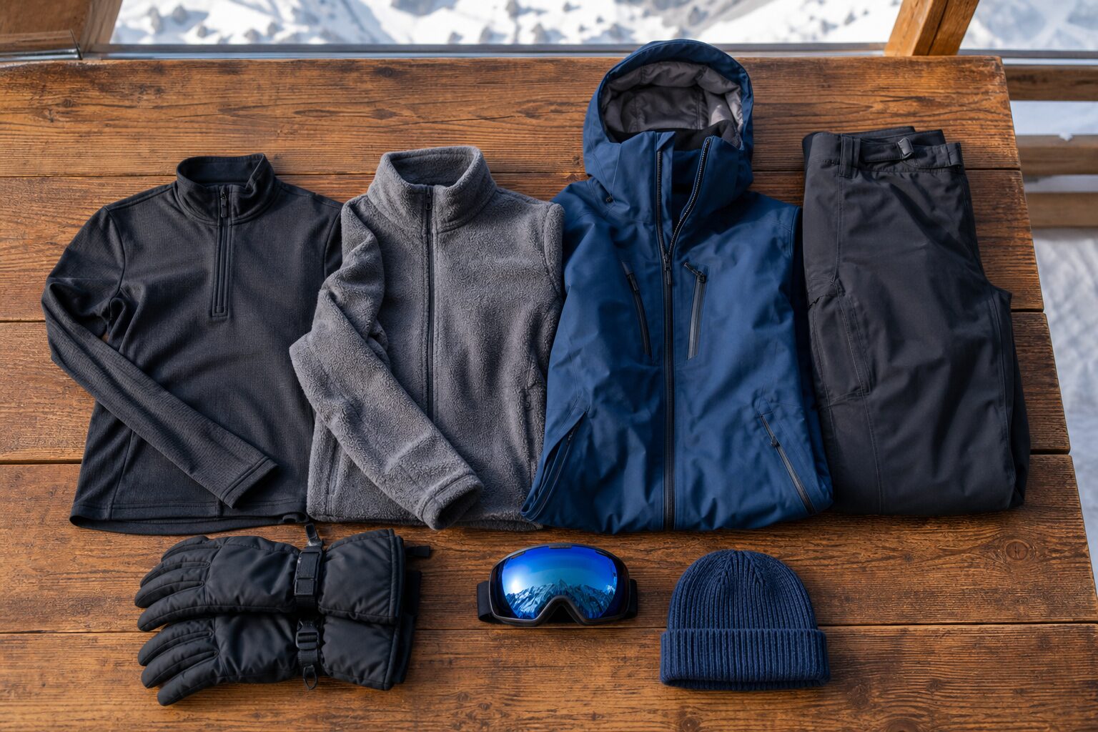 Viajante vestindo as três camadas de roupa de neve: base térmica, fleece e impermeável.