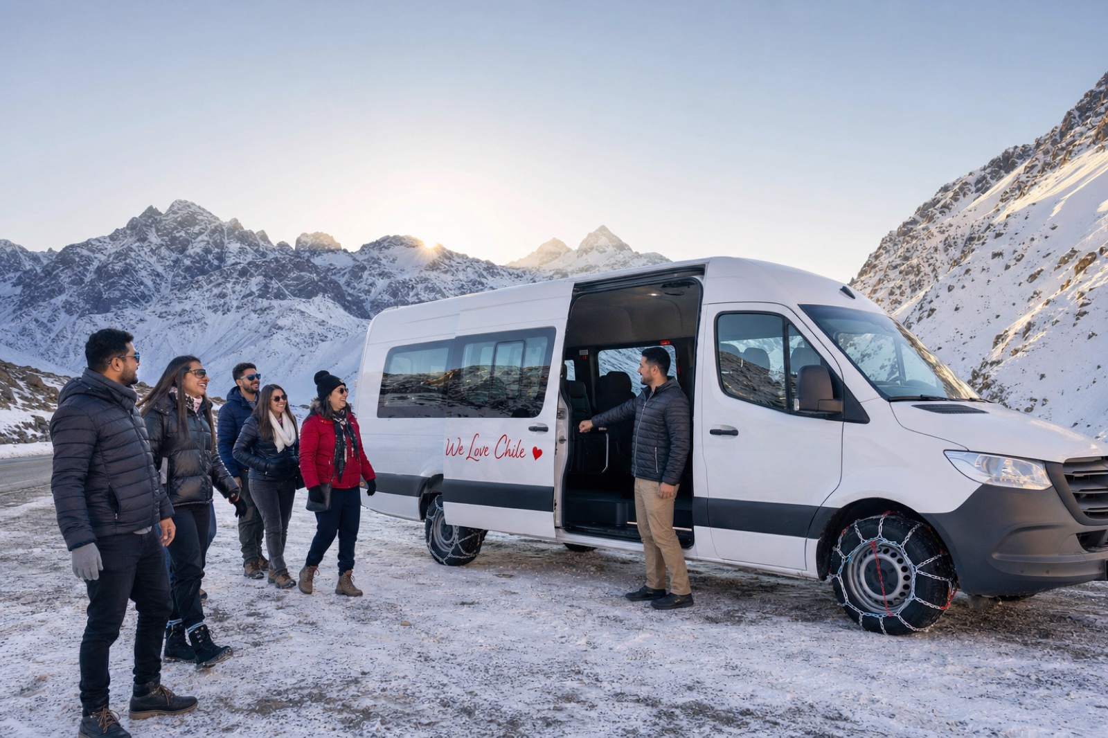 A van Mercedes-Benz Sprinter da We Love Chile com corrente nos pneus, na estrada da montanha, recebendo o grupo.